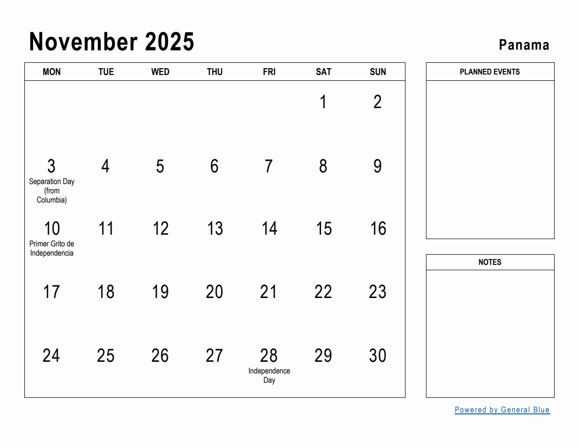 November 2025 Planner with Panama Holidays