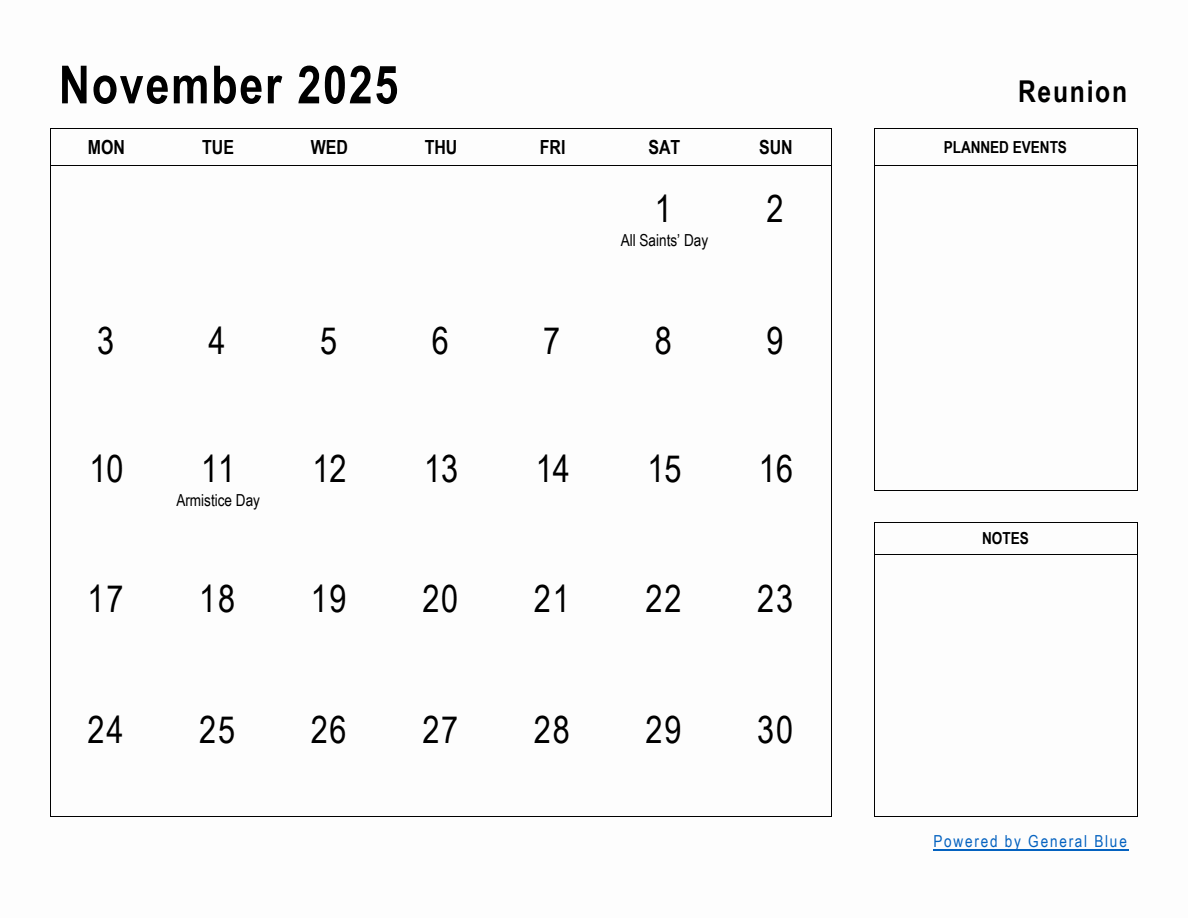 November 2025 Planner with Reunion Holidays