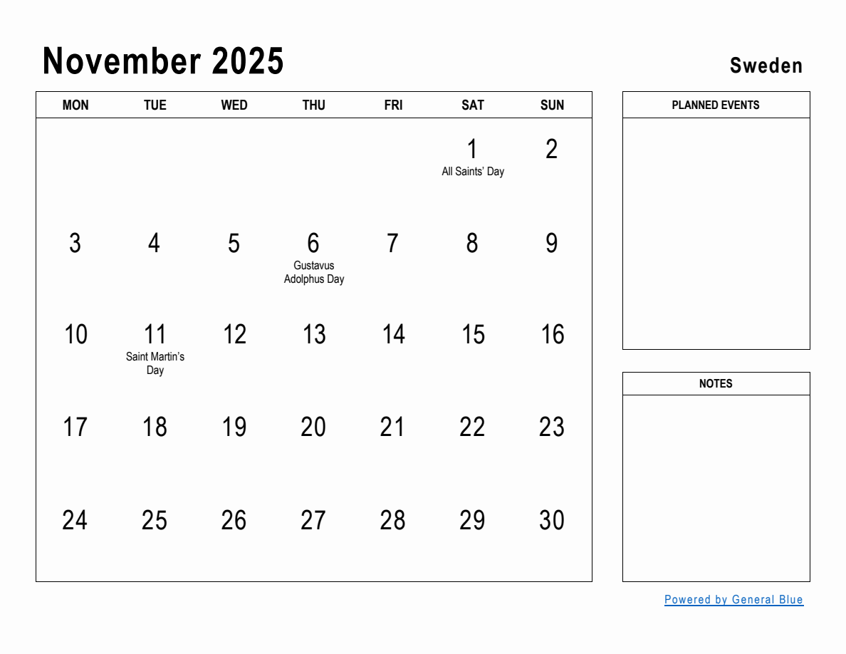 November 2025 Planner with Sweden Holidays