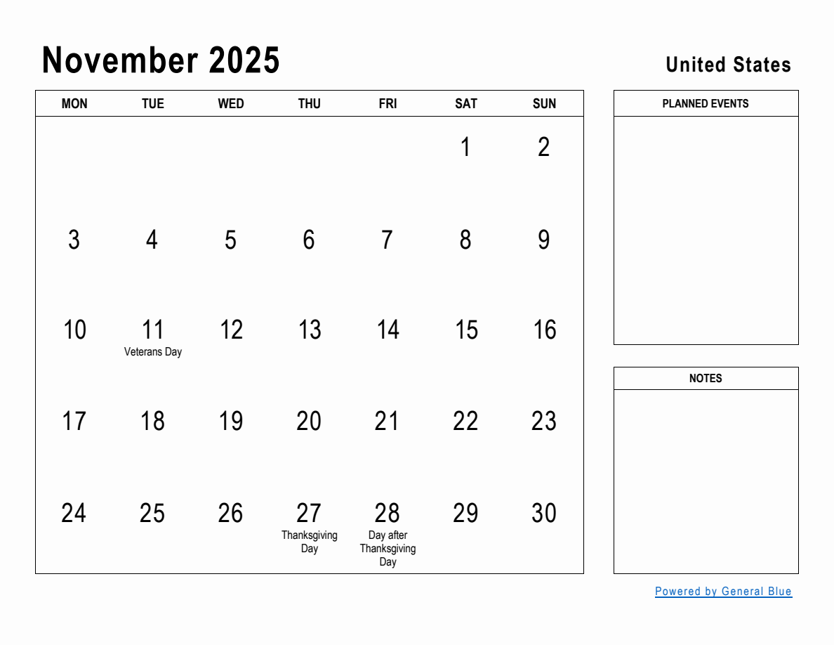 November 2025 Planner with United States Holidays