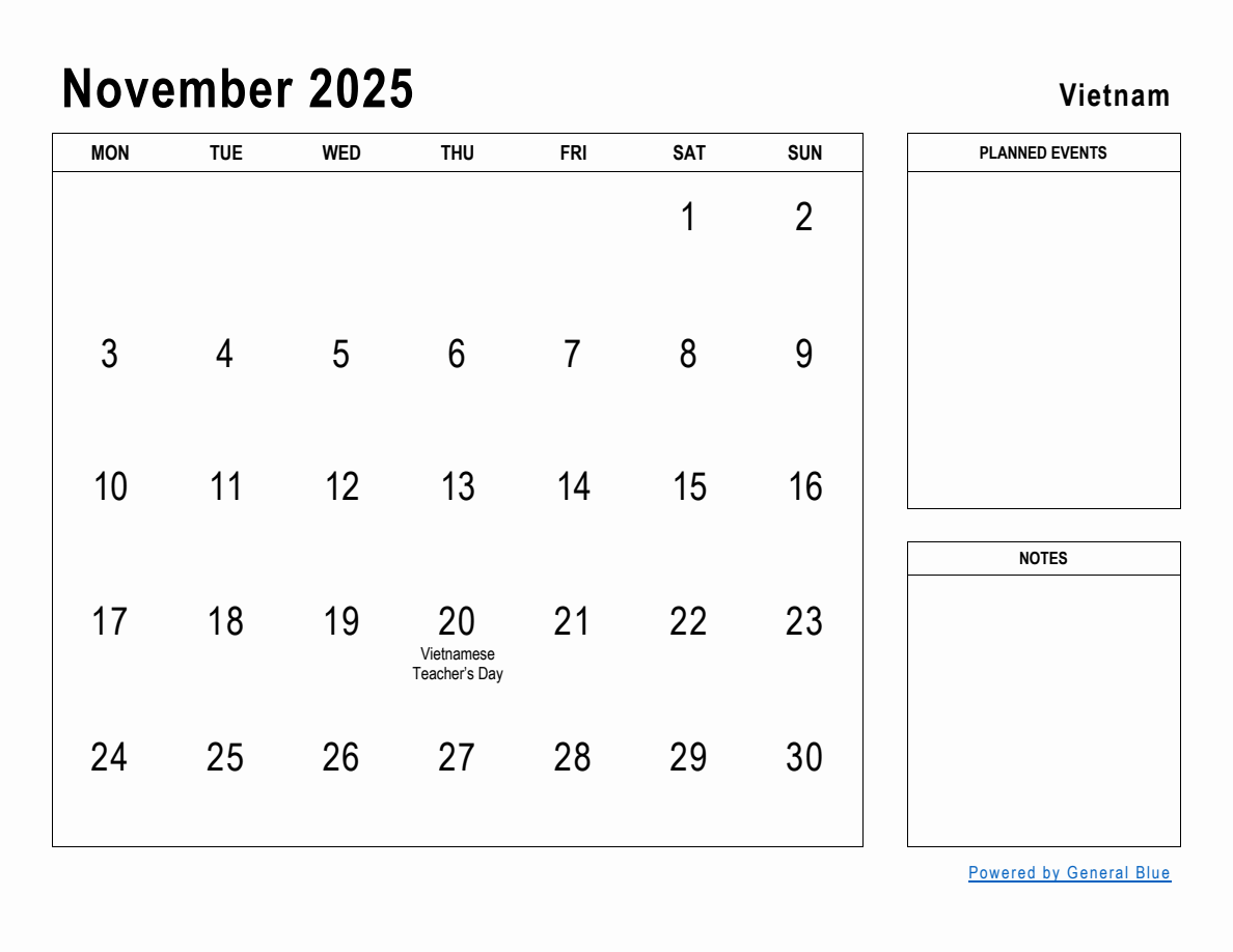 November 2025 Planner with Vietnam Holidays