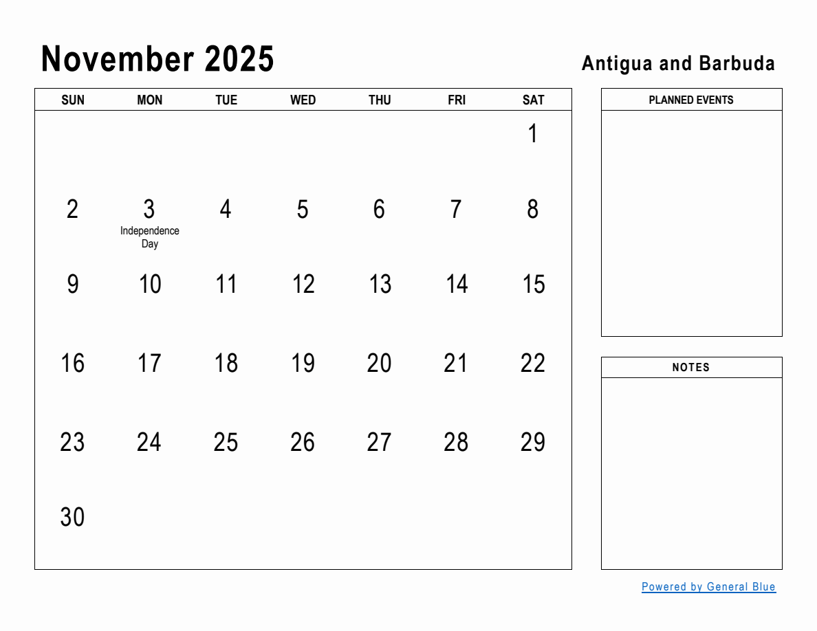 November 2025 Planner with Antigua and Barbuda Holidays