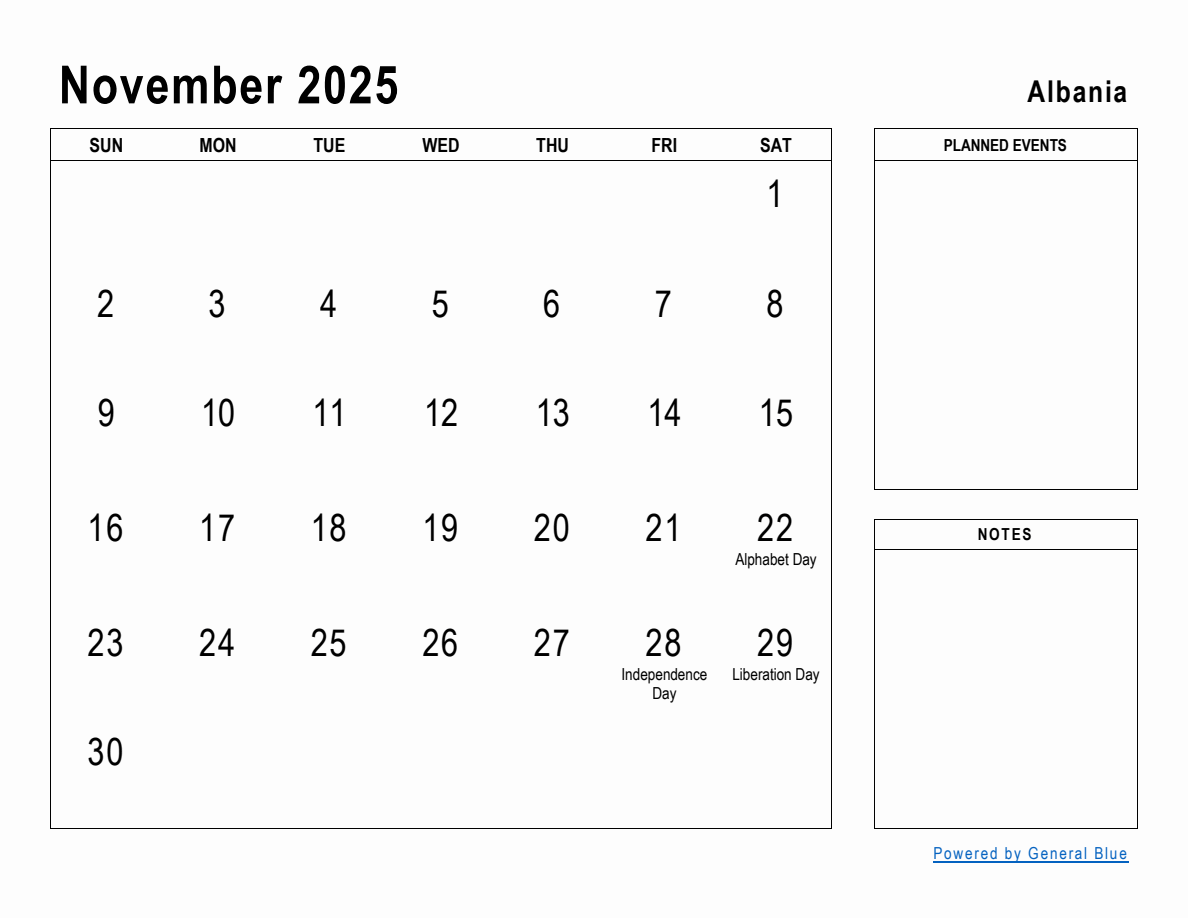 November 2025 Planner with Albania Holidays