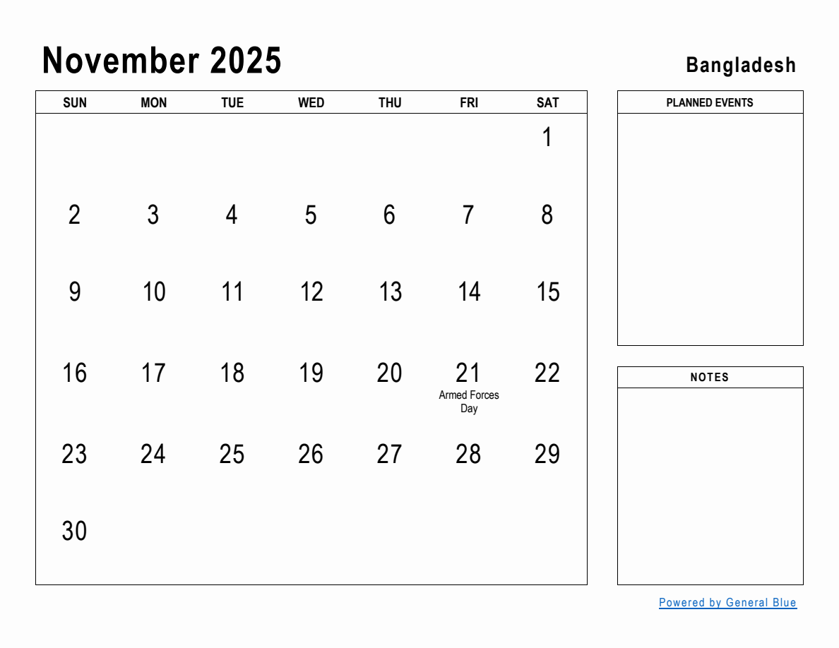 November 2025 Planner with Bangladesh Holidays