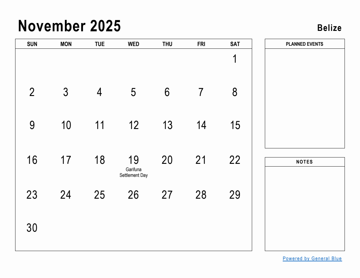 November 2025 Planner with Belize Holidays