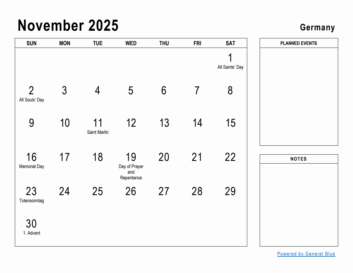 November 2025 Planner with Germany Holidays