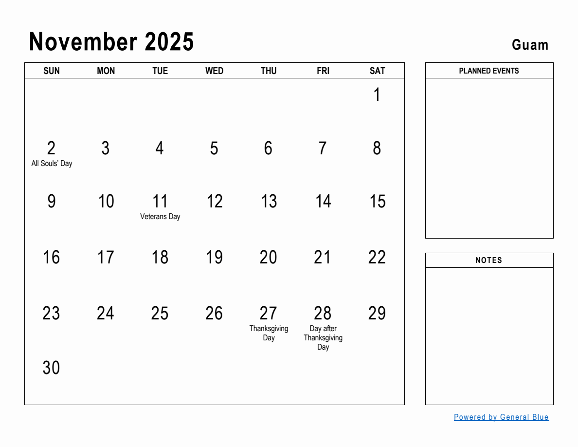 November 2025 Planner with Guam Holidays