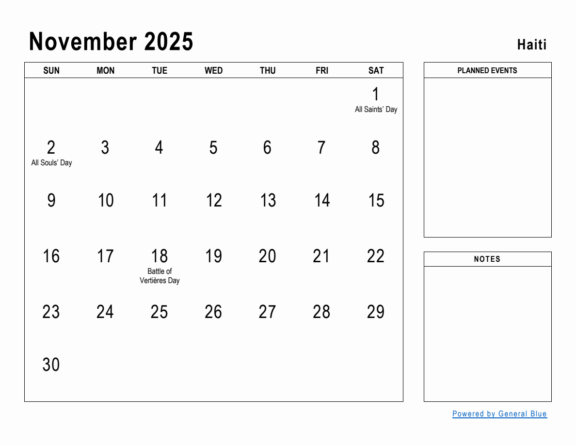 November 2025 Planner with Haiti Holidays