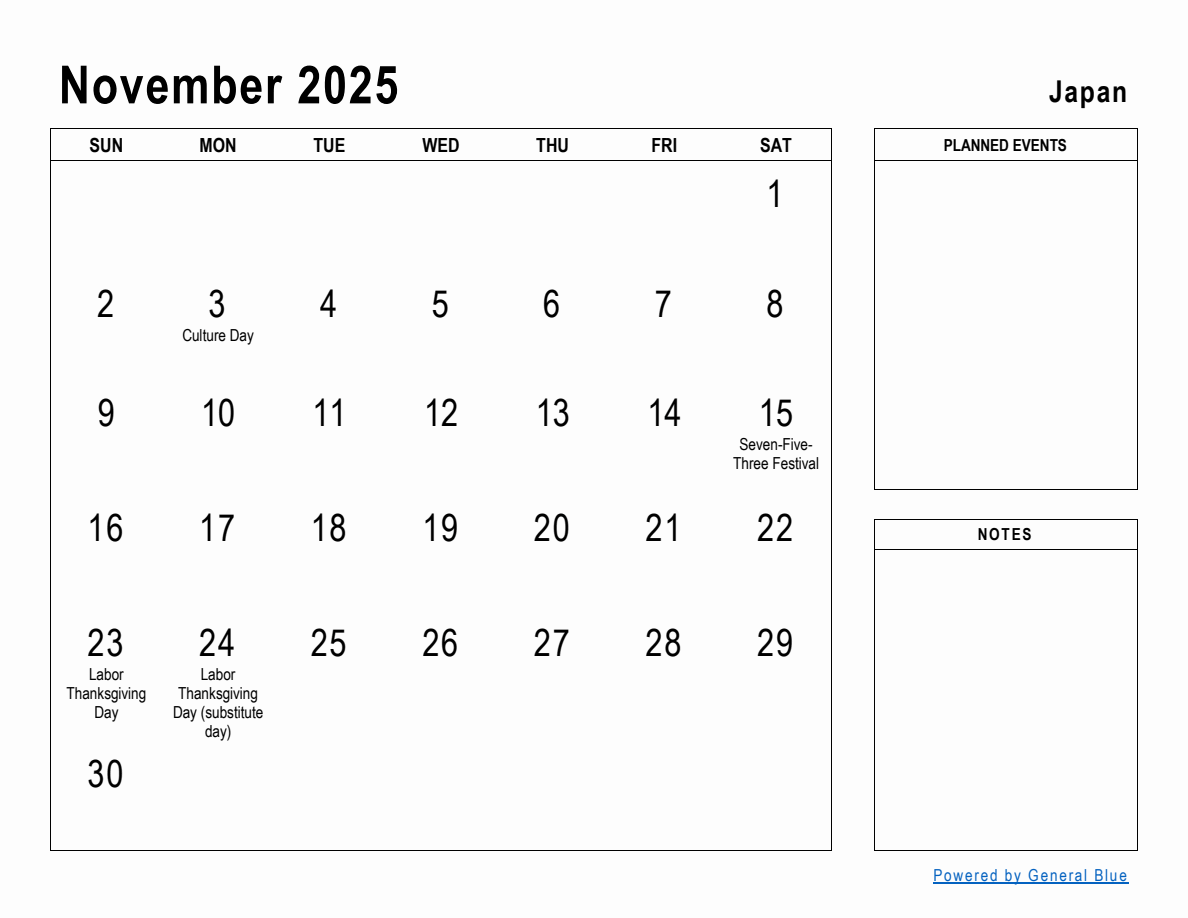 November 2025 Planner with Japan Holidays