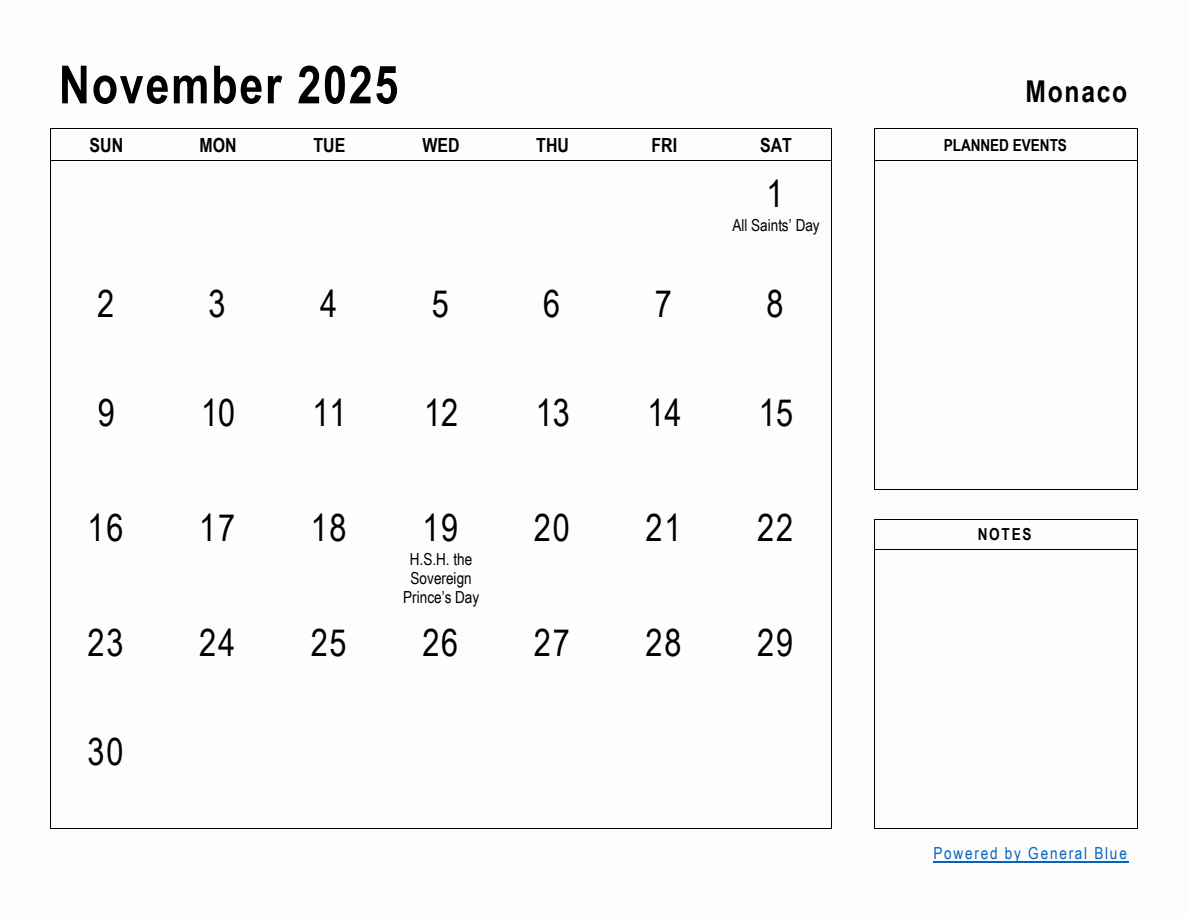 November 2025 Planner with Monaco Holidays