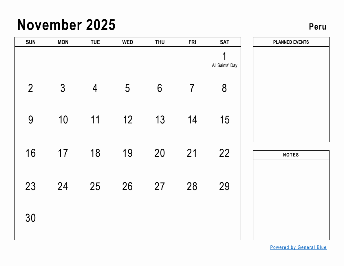 November 2025 Planner with Peru Holidays