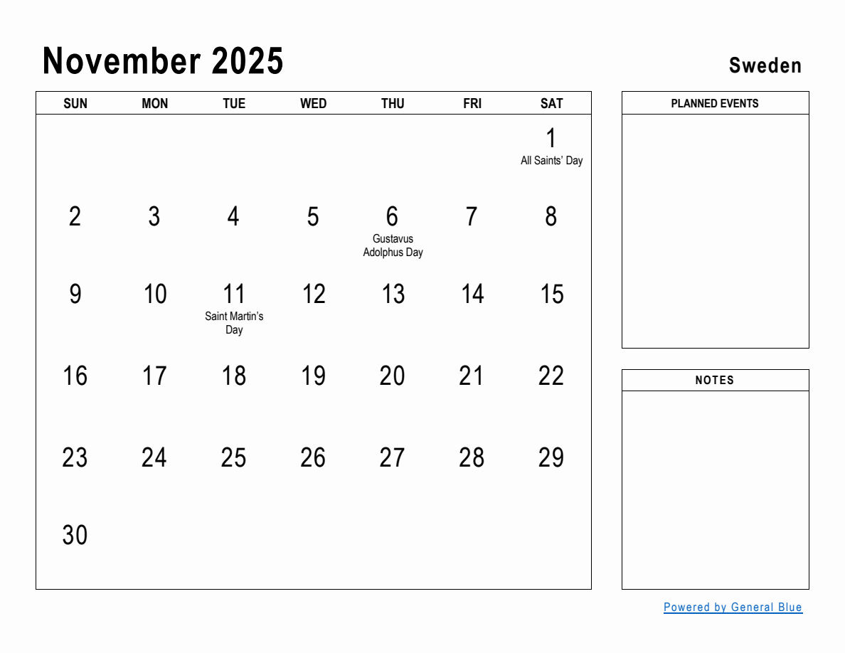 November 2025 Planner with Sweden Holidays