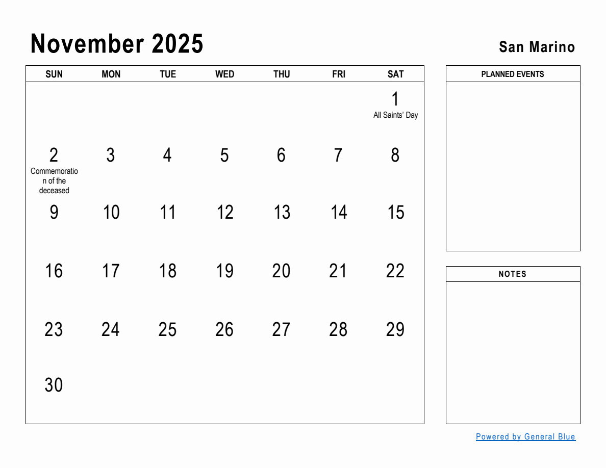 November 2025 Planner with San Marino Holidays