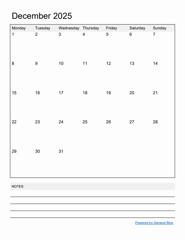 December 2025 Monthly Calendar