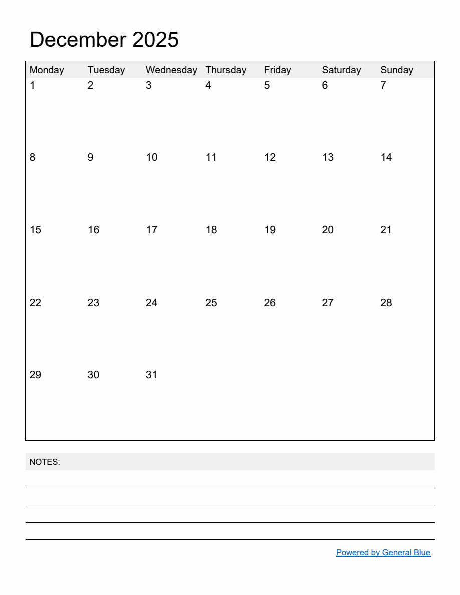 Free Printable Monthly Calendar for December 2025