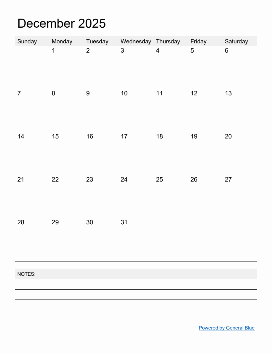 Free Printable Monthly Calendar for December 2025