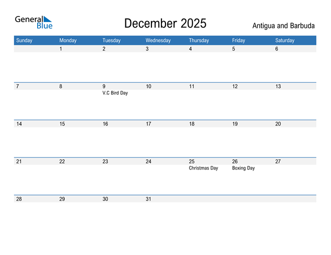 Antigua and Barbuda December 2025 Calendar with Holidays