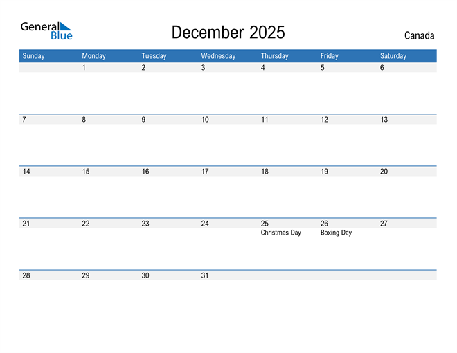 December 2025 Calendar with Canada Holidays