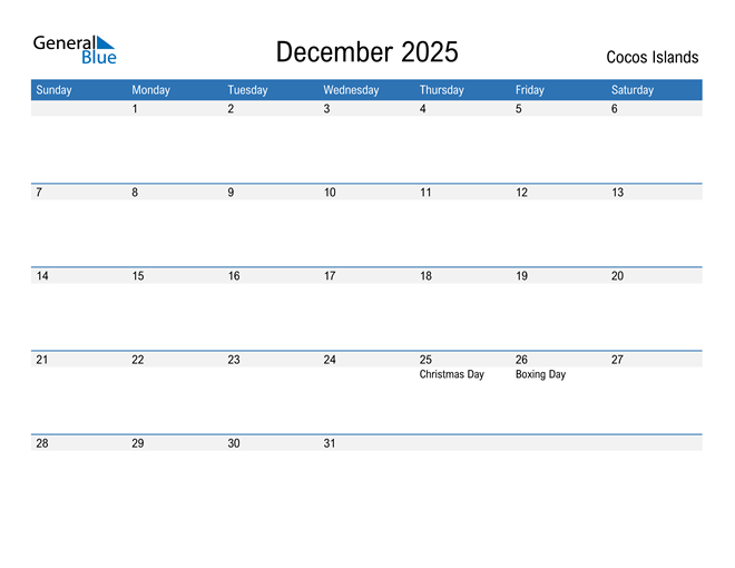 December 2025 Calendar with Cocos Islands Holidays