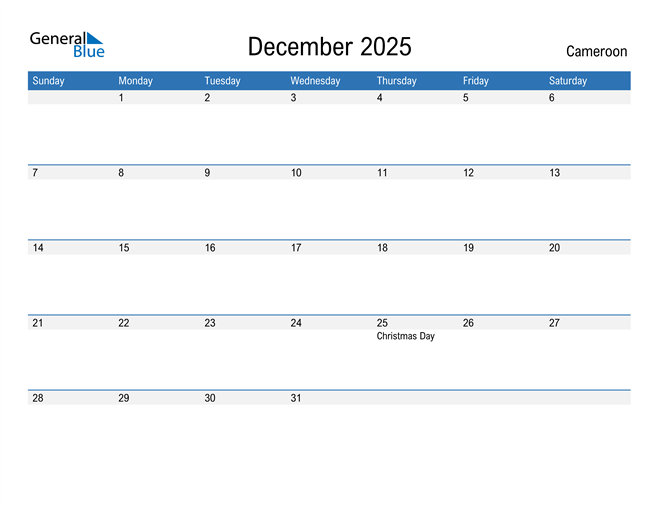 December 2025 Calendar with Cameroon Holidays