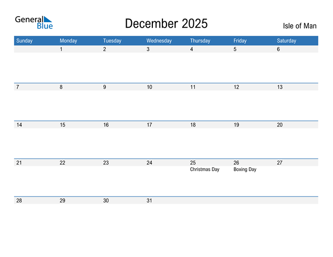 December 2025 Calendar with Isle of Man Holidays