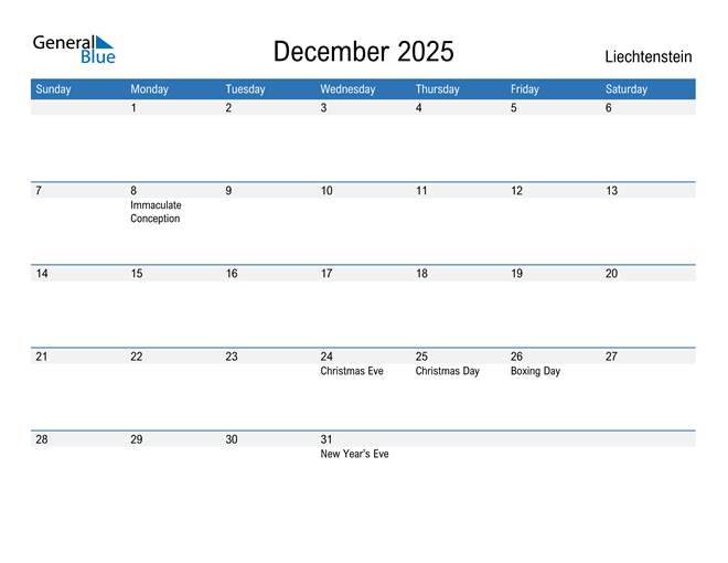 December 2025 Calendar with Liechtenstein Holidays