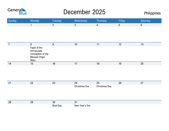 Philippines December 2025 Calendar with Holidays