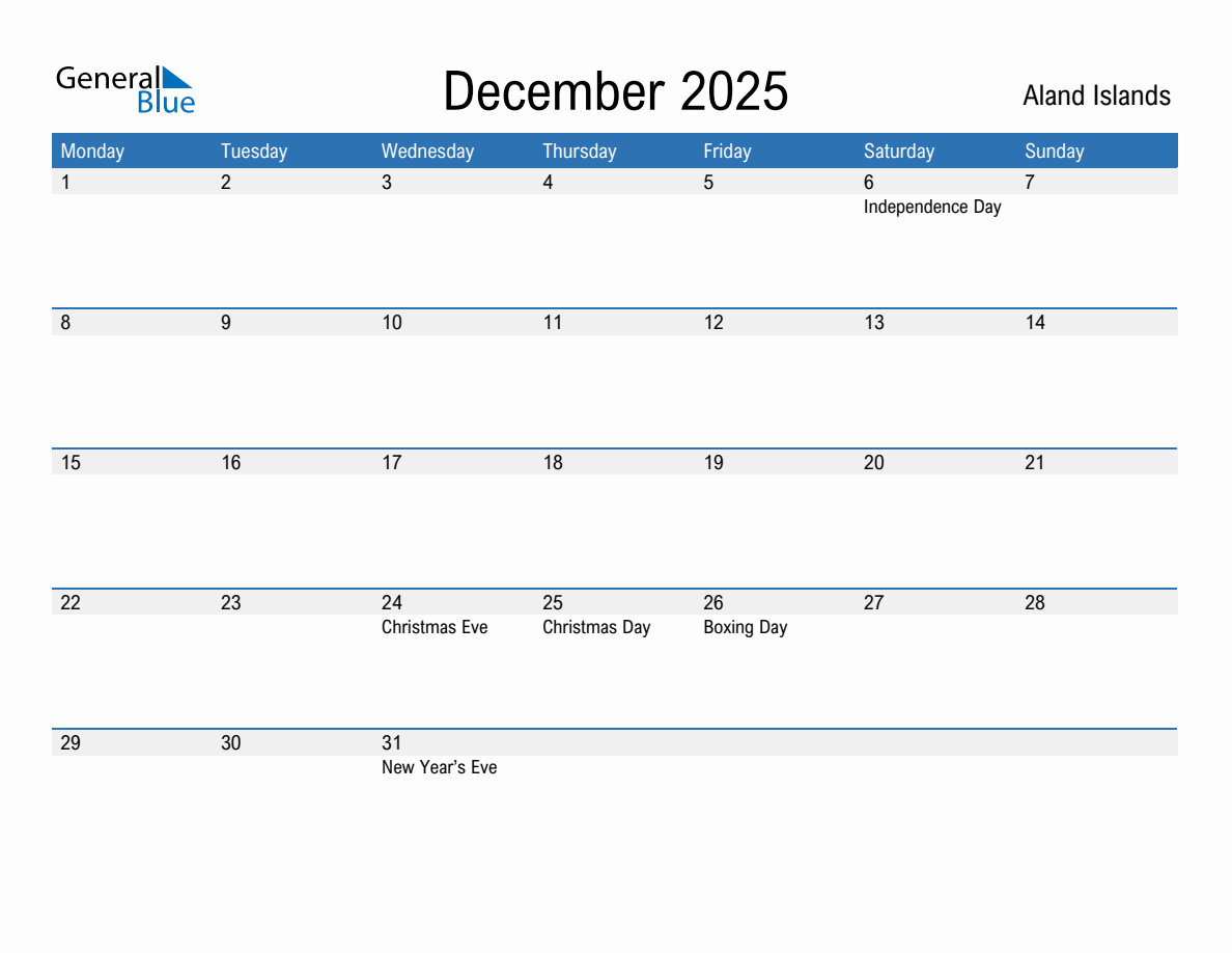 Editable December 2025 Calendar with Aland Islands Holidays