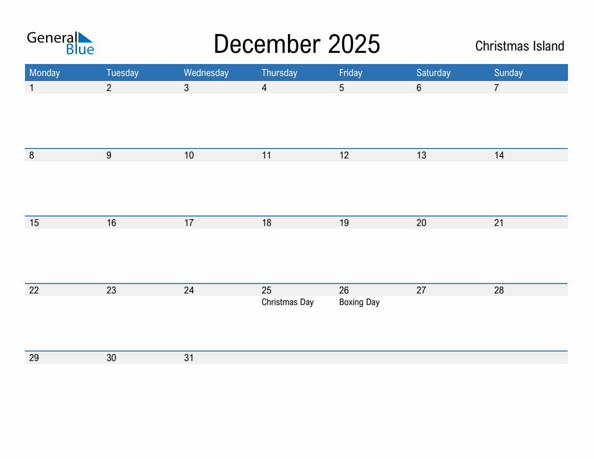 Editable December 2025 Calendar with Christmas Island Holidays