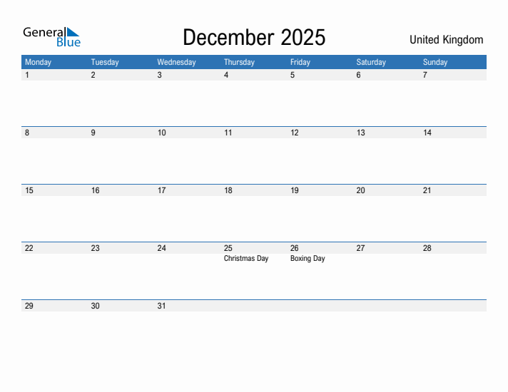 Editable December 2025 Calendar with United Kingdom Holidays