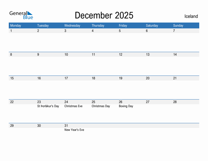 Editable December 2025 Calendar with Iceland Holidays