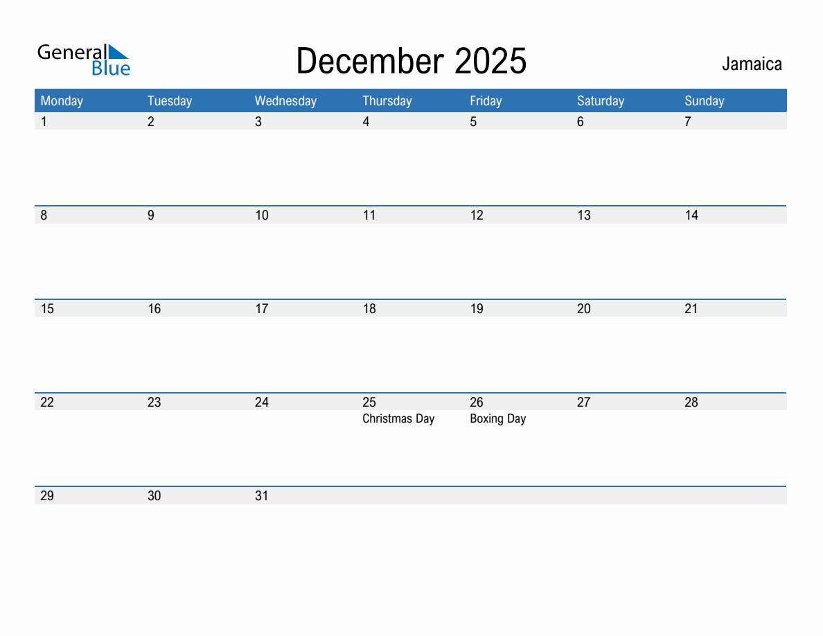 Editable December 2025 Calendar with Jamaica Holidays