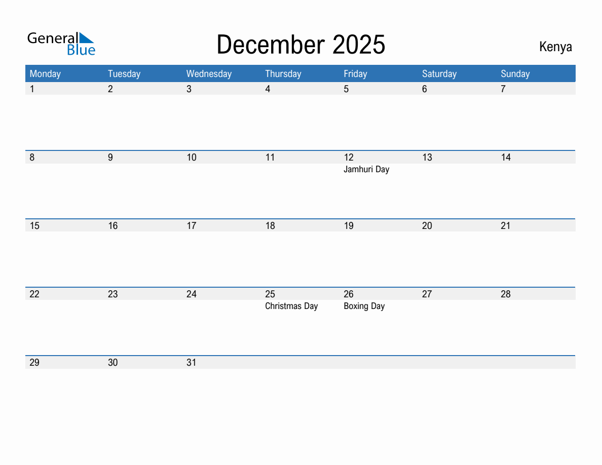 Editable December 2025 Calendar with Kenya Holidays