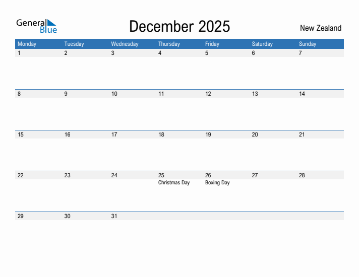 Editable December 2025 Calendar with New Zealand Holidays