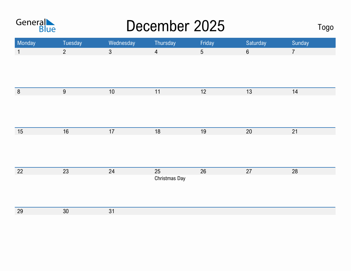 Editable December 2025 Calendar with Togo Holidays