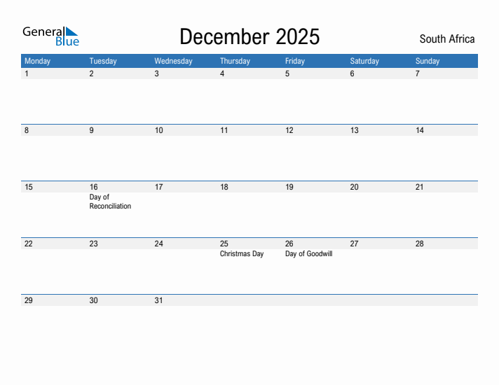 December 2025 South Africa Monthly Calendar with Holidays
