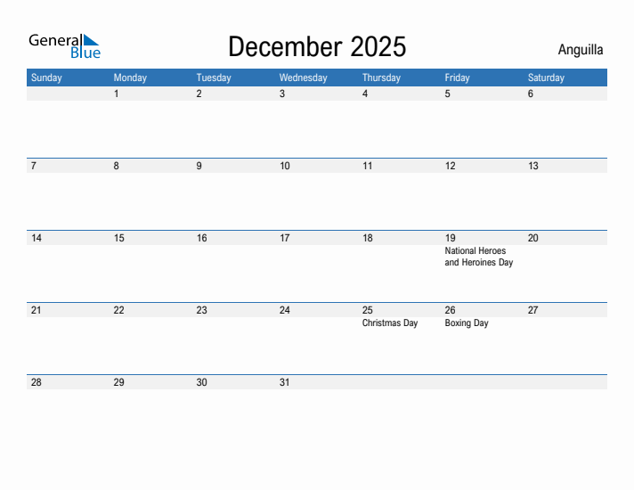 Editable December 2025 Calendar with Anguilla Holidays