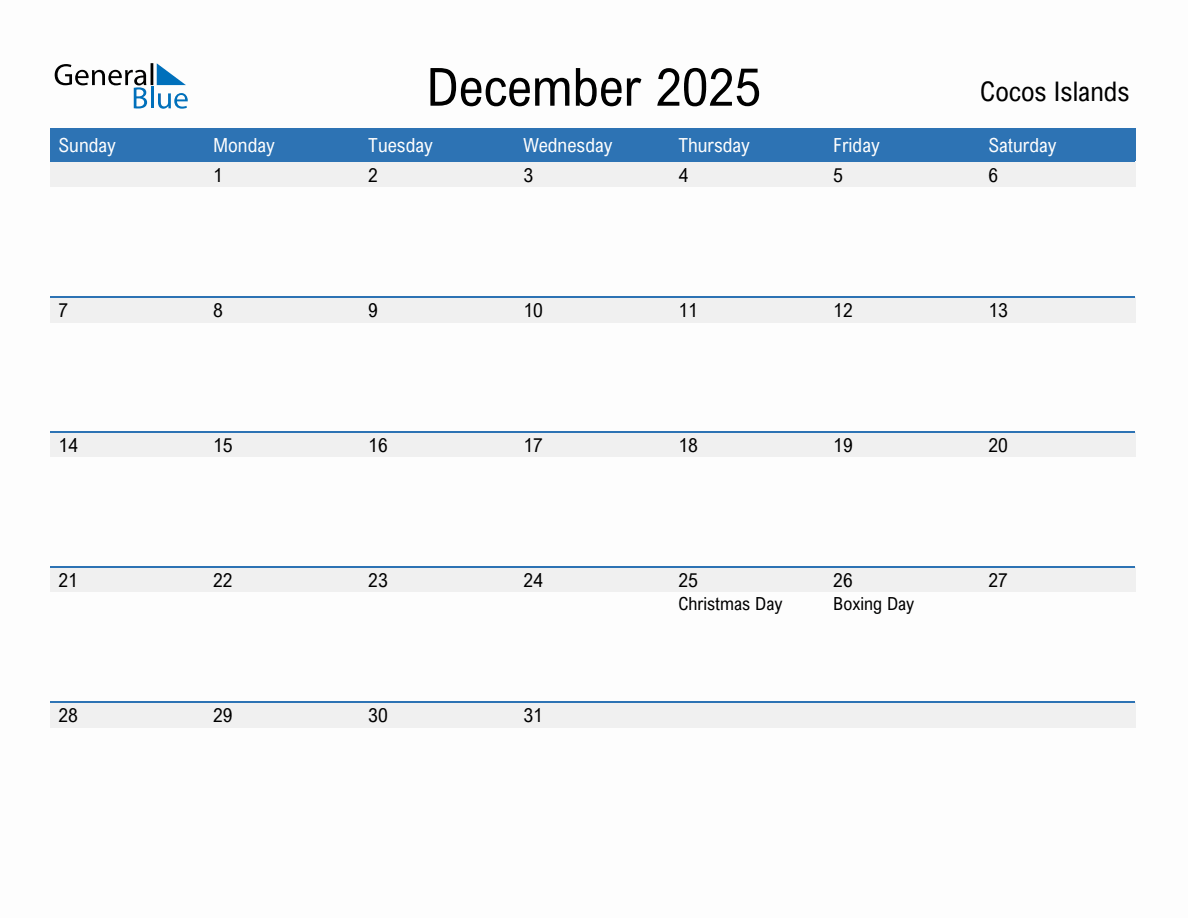 Editable December 2025 Calendar with Cocos Islands Holidays