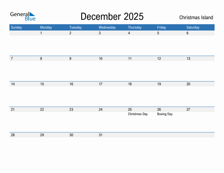 Editable December 2025 Calendar with Christmas Island Holidays