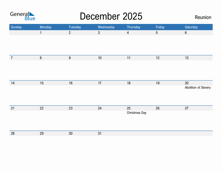 Editable December 2025 Calendar with Reunion Holidays
