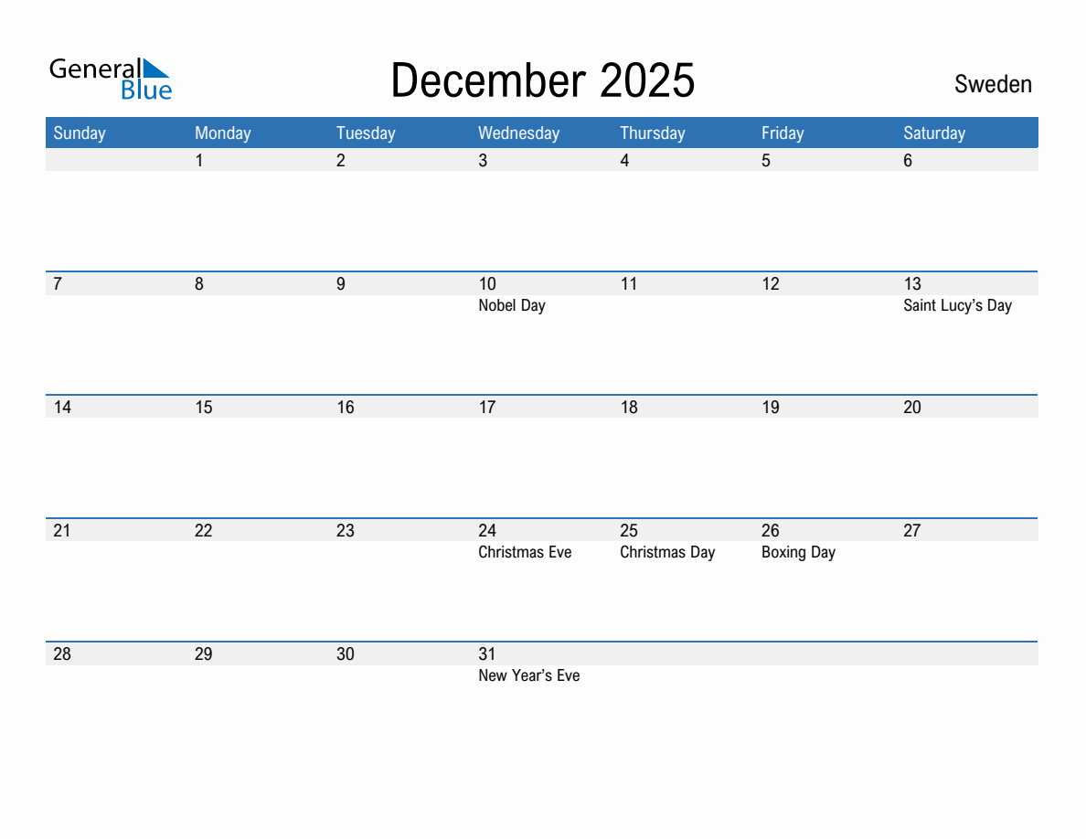 Editable December 2025 Calendar with Sweden Holidays