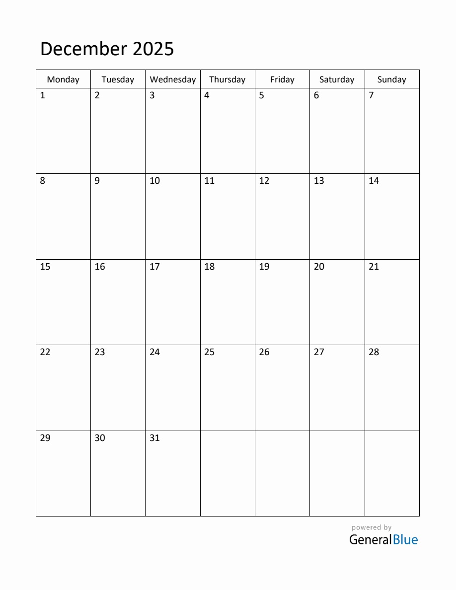 Editable December 2025 Monthly Calendar