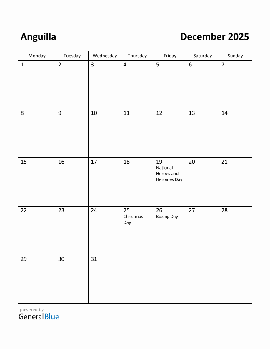 Free Printable December 2025 Calendar for Anguilla