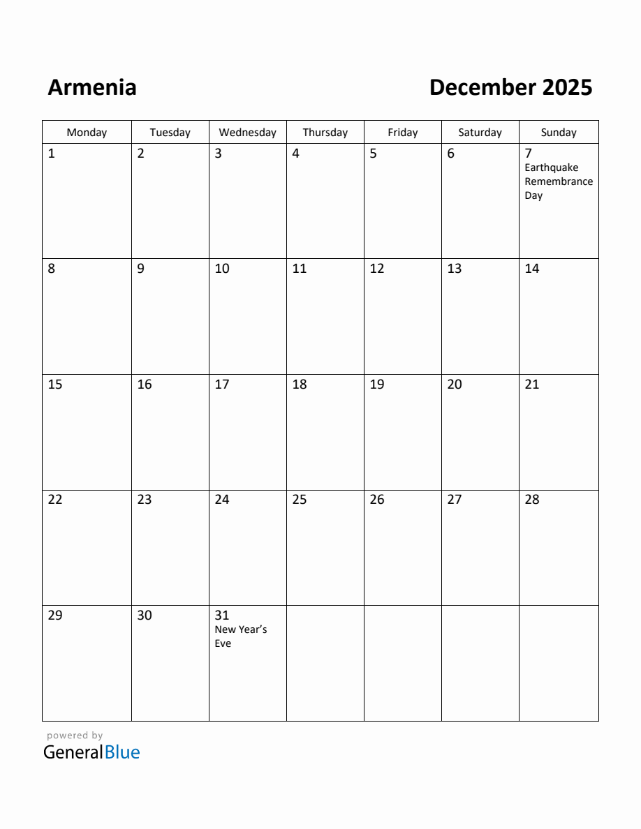 Free Printable December 2025 Calendar for Armenia