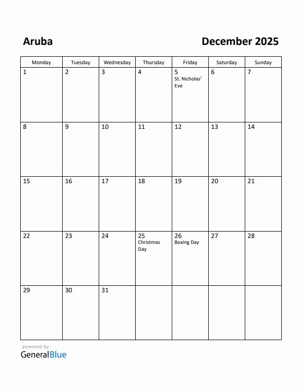 December 2025 Calendar with Aruba Holidays