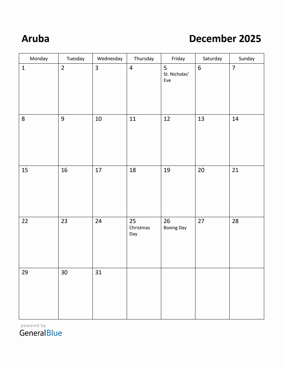 Free Printable December 2025 Calendar for Aruba