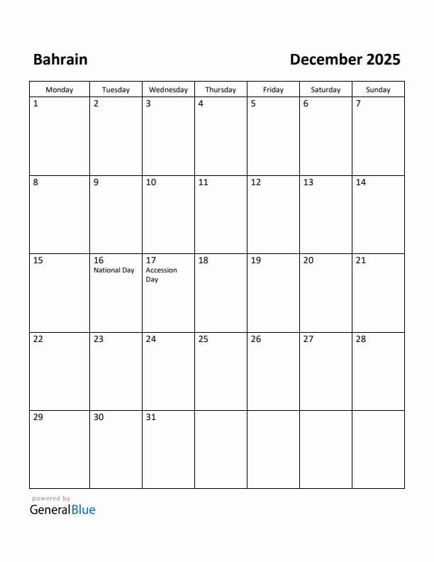 December 2025 Calendar with Bahrain Holidays