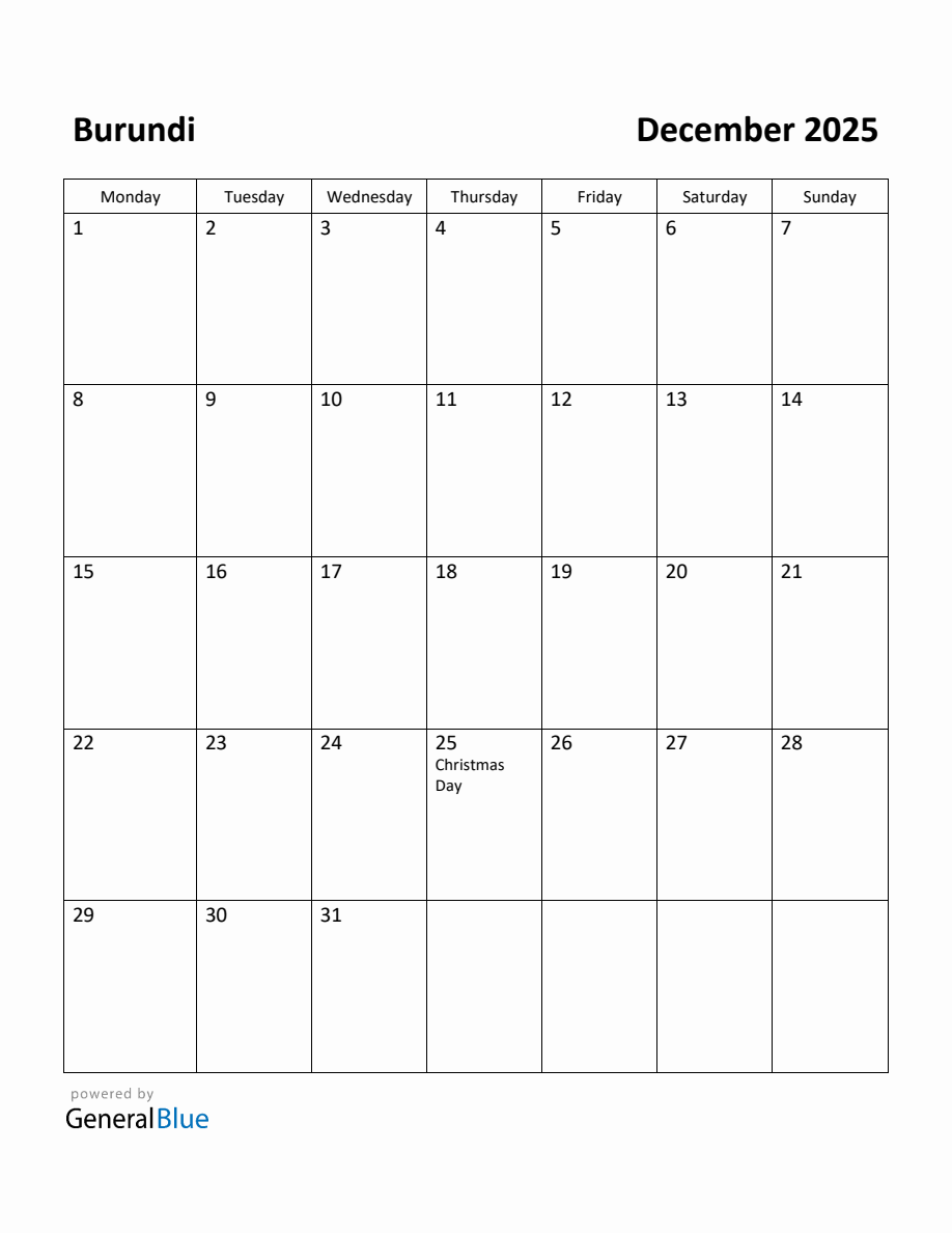 Free Printable December 2025 Calendar for Burundi