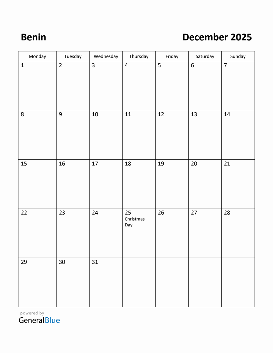 Free Printable December 2025 Calendar for Benin