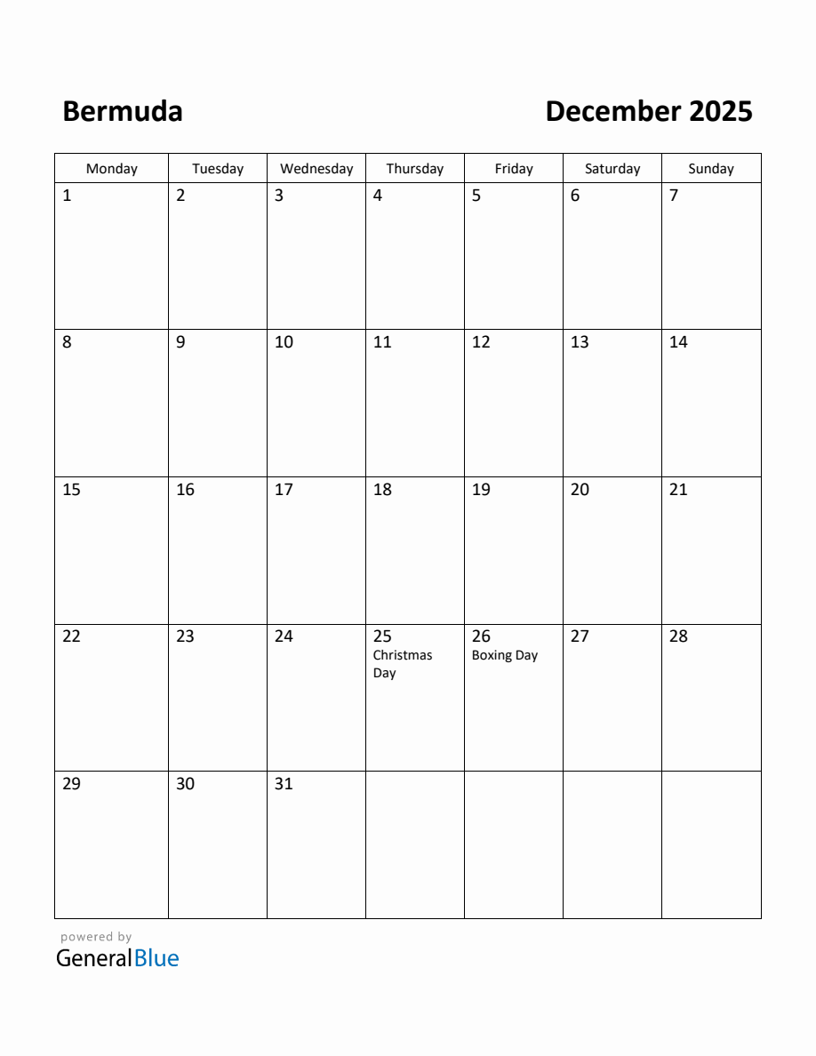 Free Printable December 2025 Calendar for Bermuda